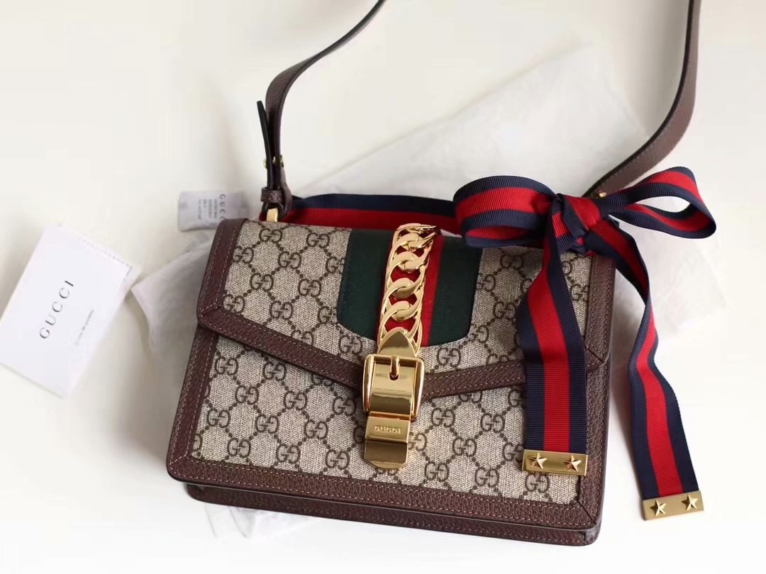 Discount Gucci 431666 New Sylvie GG Supreme Chain Bag Brown