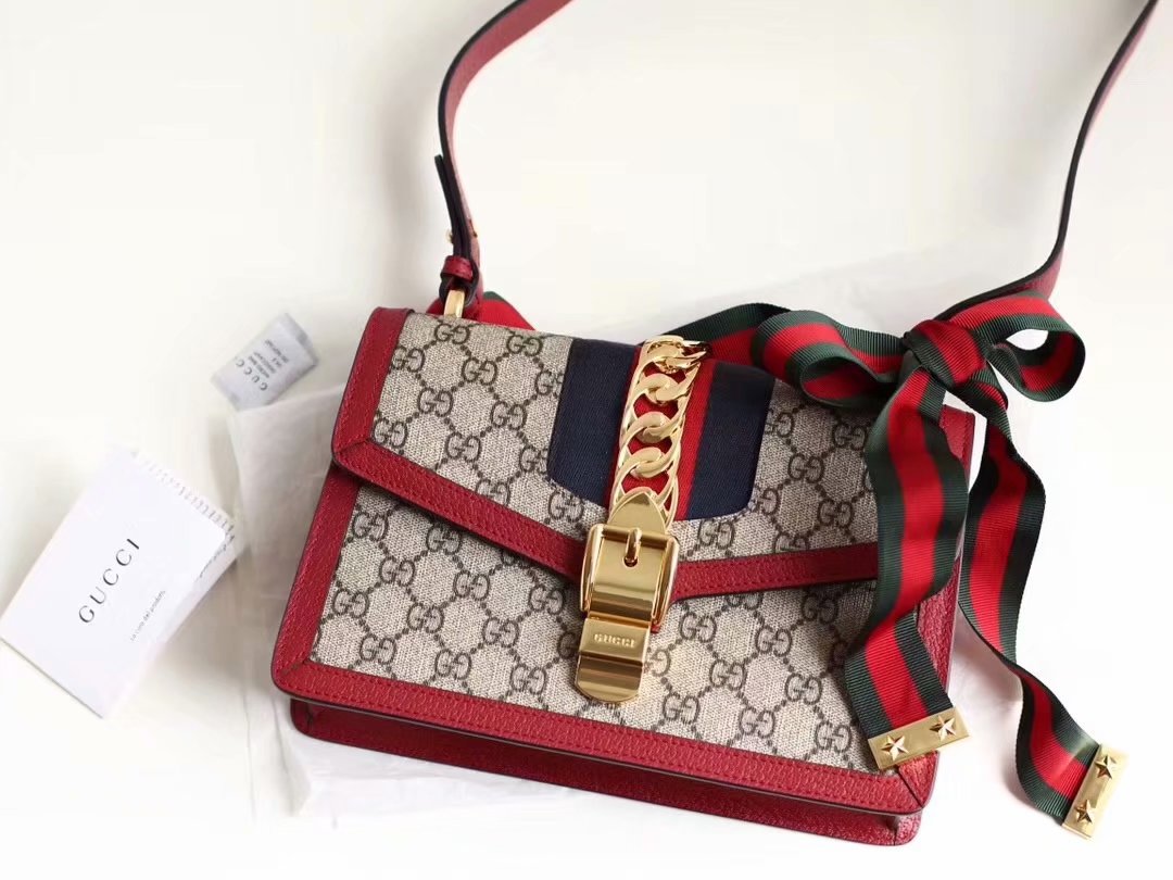 Discount Gucci 431666 New Sylvie GG Supreme Chain Bag Red