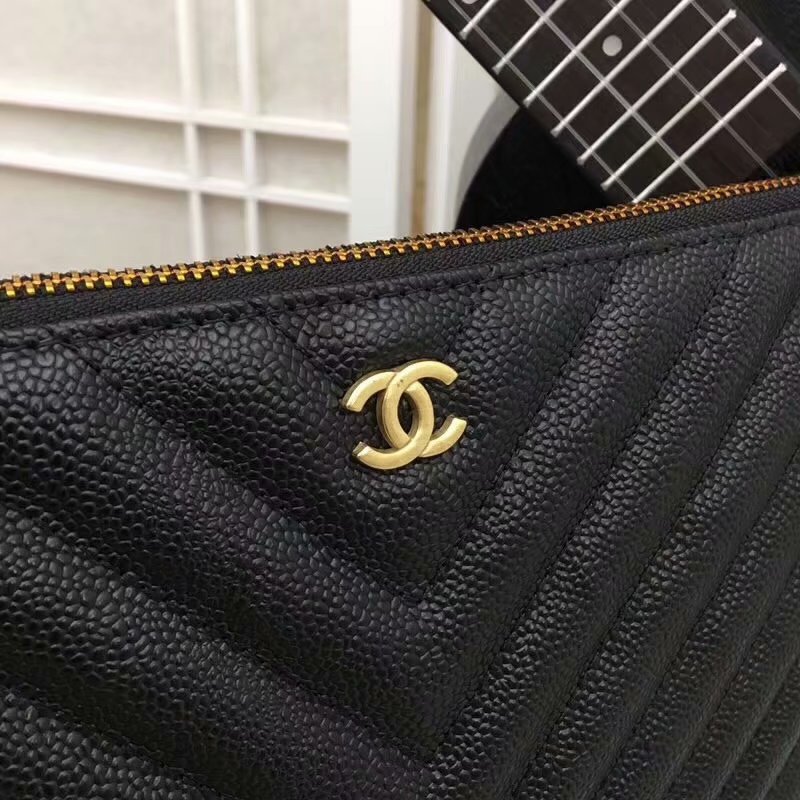 Fake Best Chanel Pouch Grained Calfskin Gold-Tone Metal Black