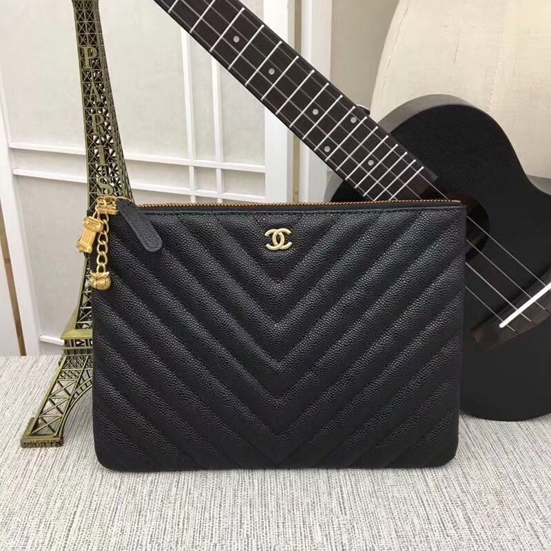 Fake Best Chanel Pouch Grained Calfskin Gold-Tone Metal Black