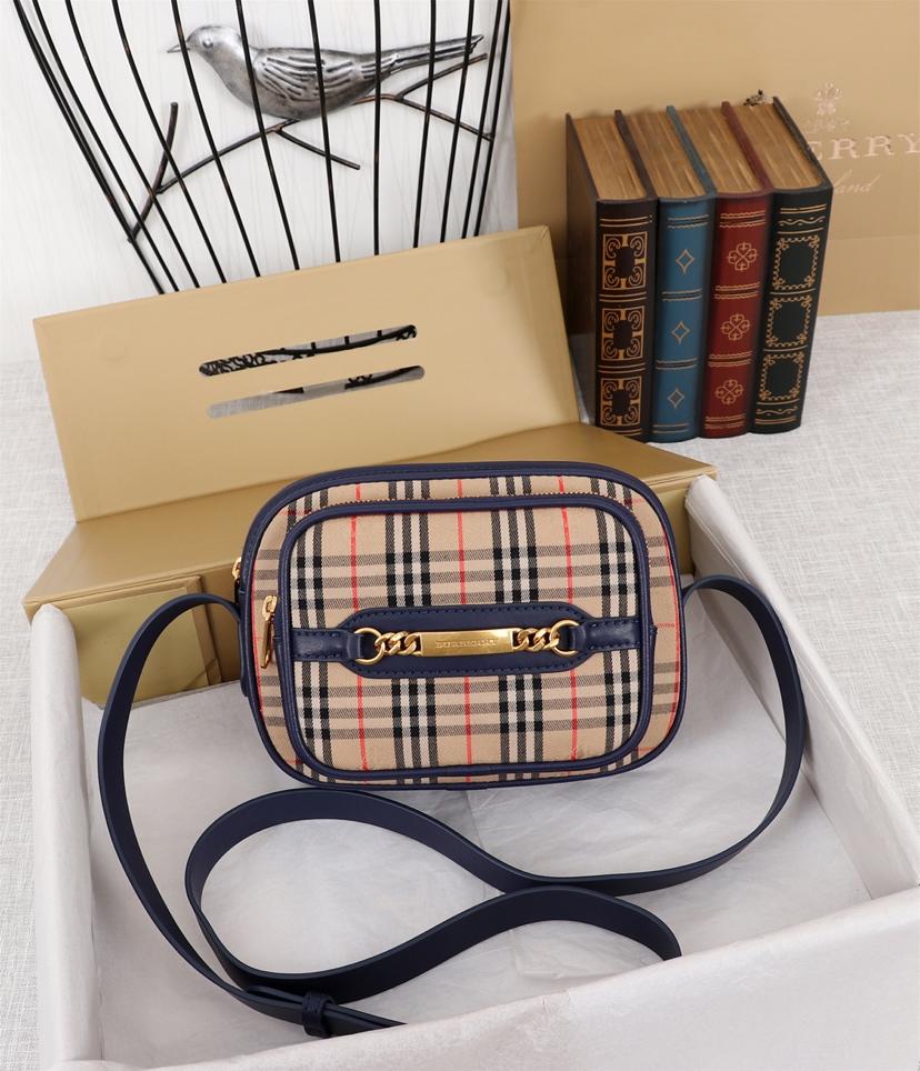 Fake Burberry The 1983 Check Link Camera Bag Calf Leather Blue