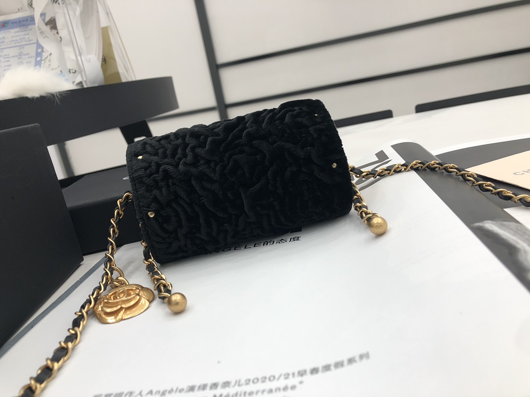 Fake Chanel Jewel Card Holder Small Bag with Chain Black Velvet with Gold Hardware Celebrity Same Christmas