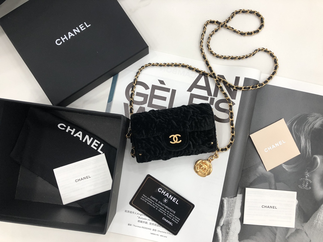 Fake Chanel Jewel Card Holder Small Bag with Chain Black Velvet with Gold Hardware Celebrity Same Christmas