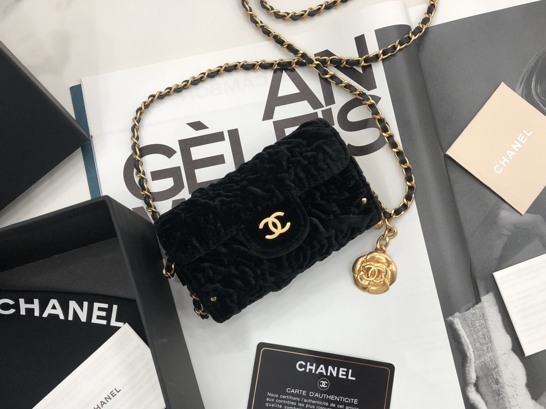 Fake Chanel Jewel Card Holder Small Bag with Chain Black Velvet with Gold Hardware Celebrity Same Christmas