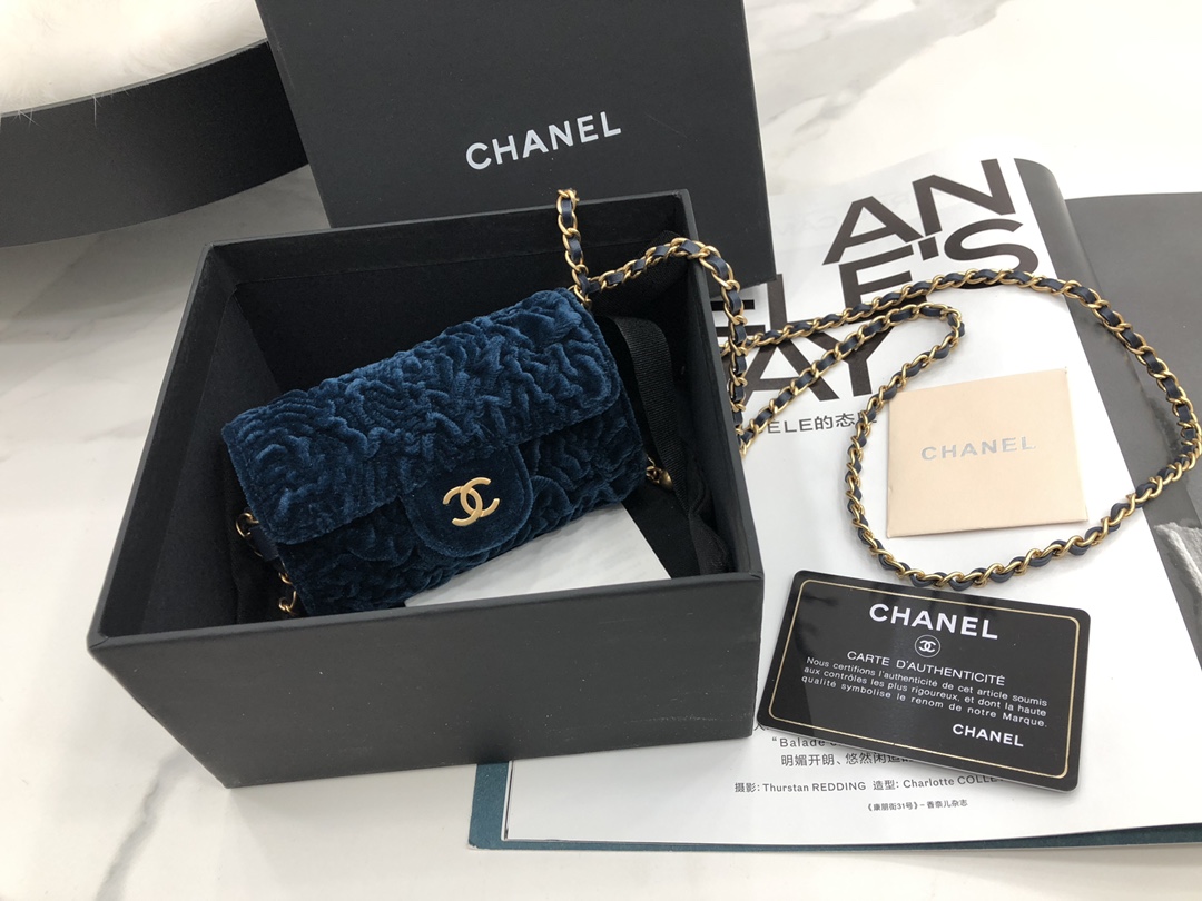 Fake Chanel Jewel Card Holder Small Bag with Chain Blue Velvet with Gold Hardware Celebrity Same Christmas