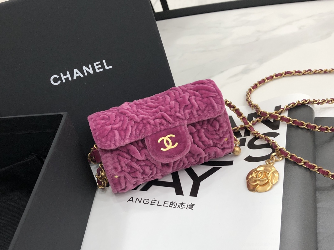 Fake Chanel Jewel Card Holder Small Bag with Chain Rose Velvet with Gold Hardware Celebrity Same Christmas AP2285