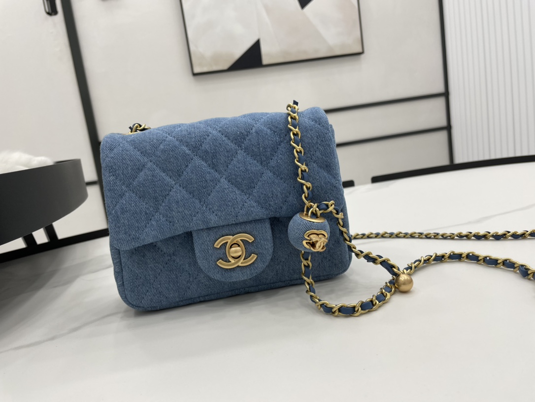 Fake Chanel Mini Flap Bag Denim Gold-Tone Metal Blue AS1786 Best Gift