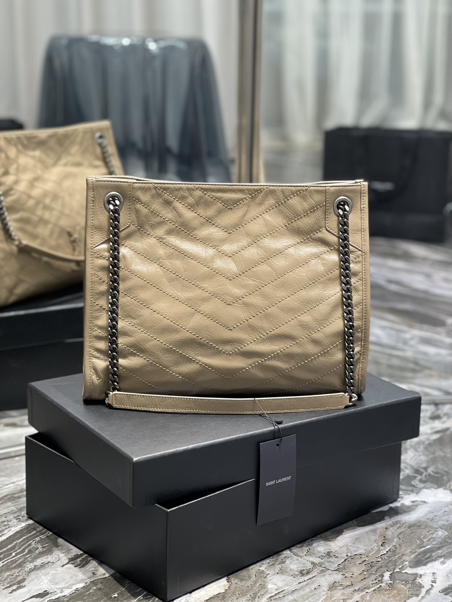 Fake Saint Laurent Niki Shopping Bag Wrinkled Leather Beige