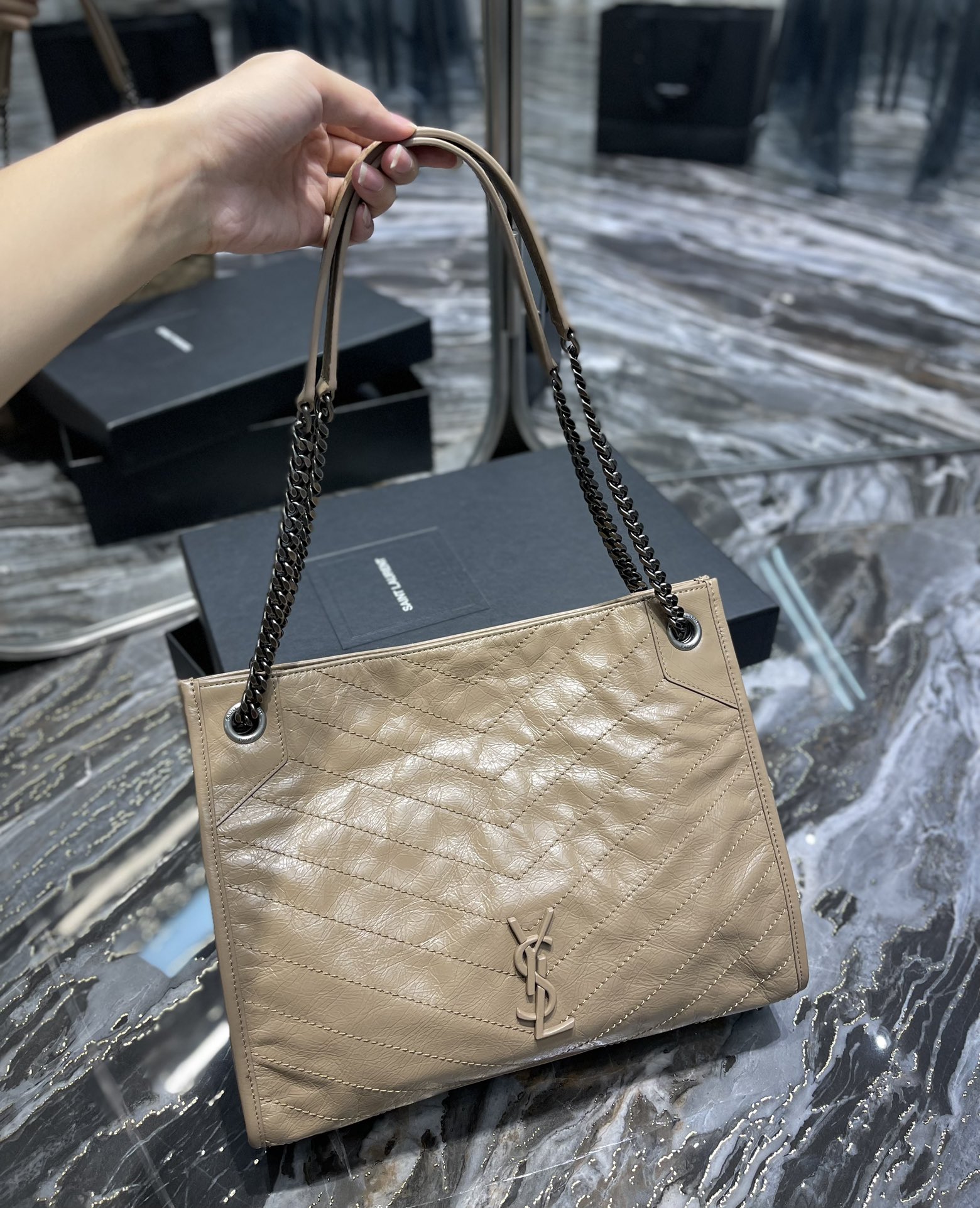 Fake Saint Laurent Niki Shopping Bag Wrinkled Leather Beige