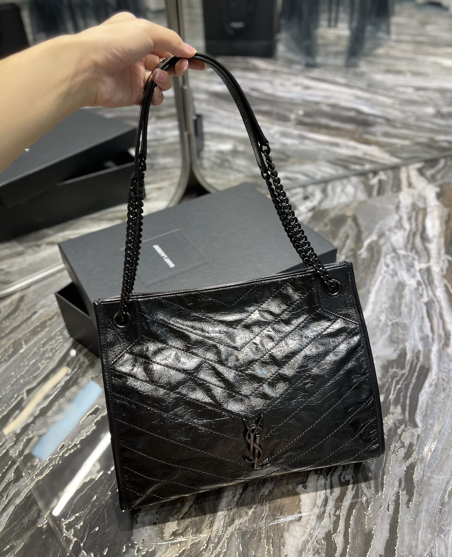 Fake Saint Laurent Niki Shopping Bag Wrinkled Leather Black