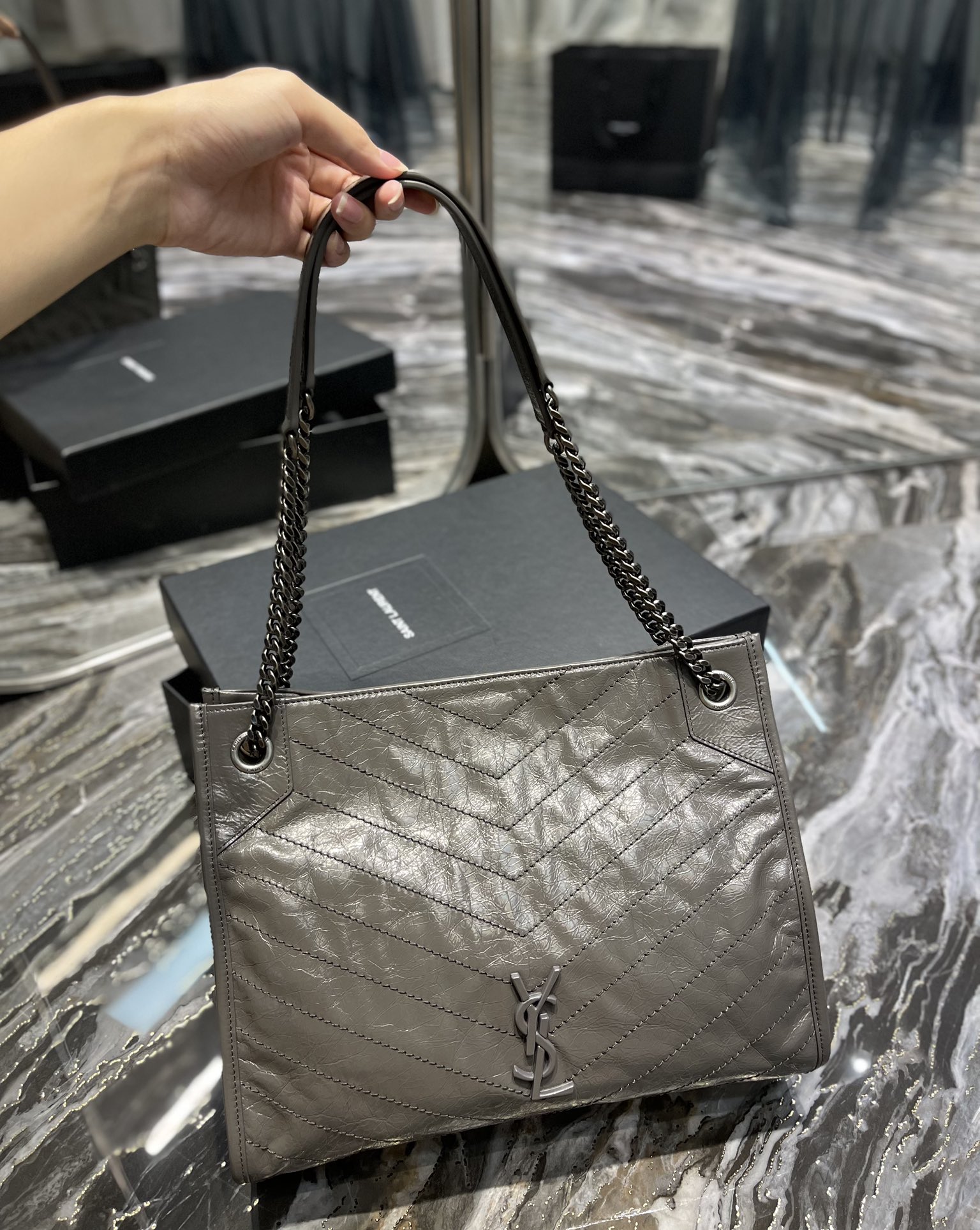 Fake Saint Laurent Niki Shopping Bag Wrinkled Leather Gray