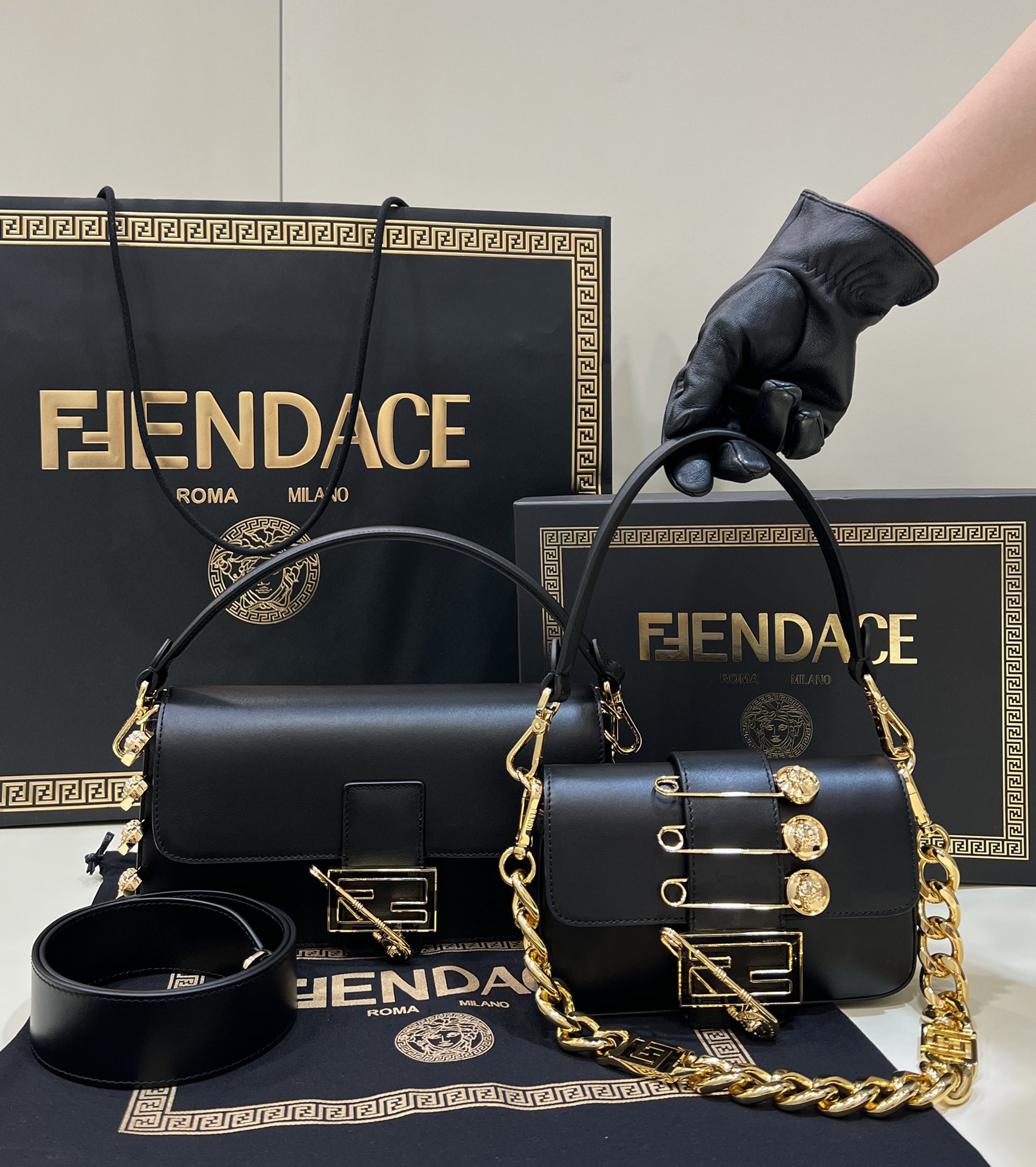 Fendi Baguette Brooch Fendace Black Leather Bag With Double Straps