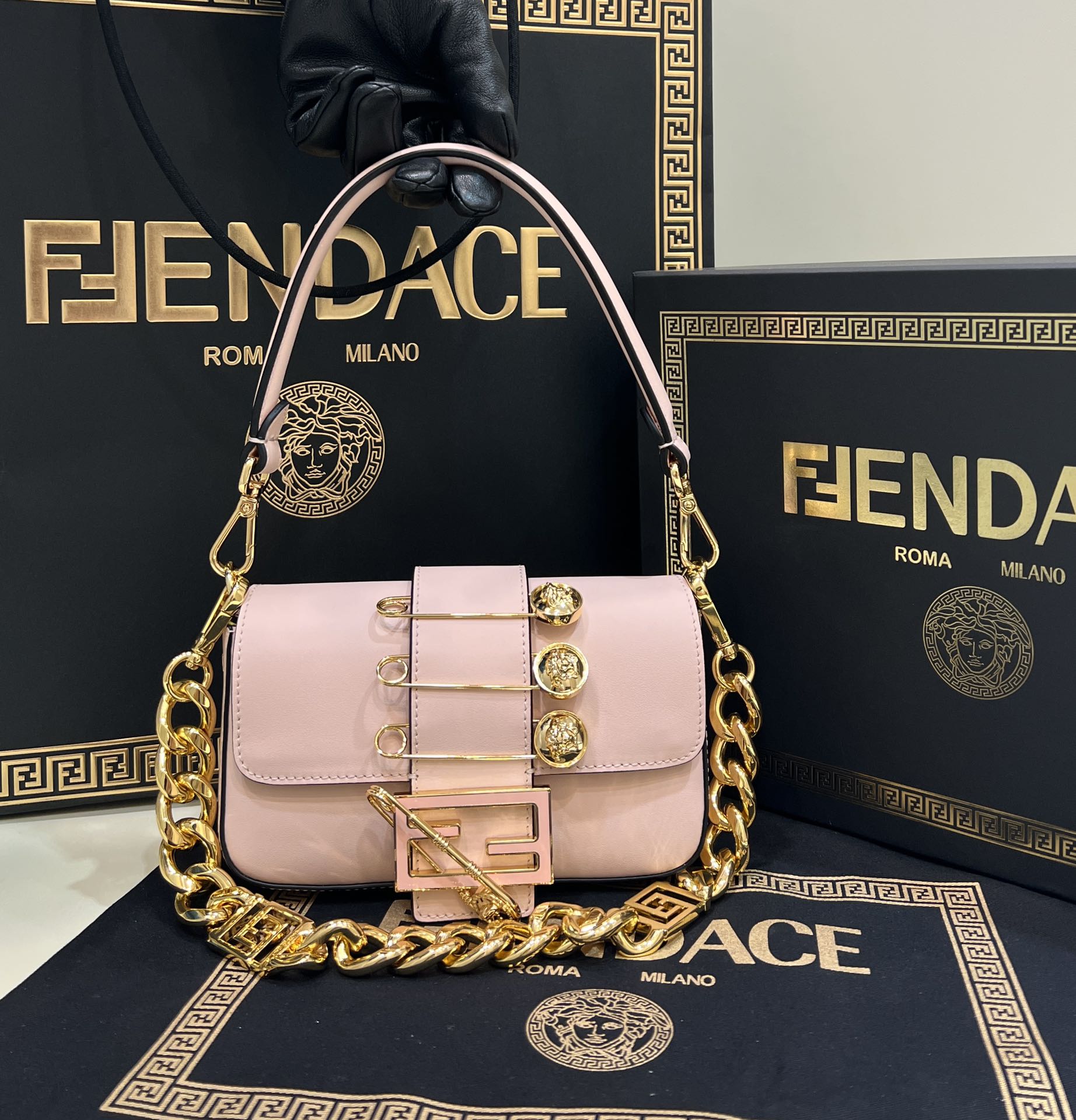 Fendi Baguette Brooch Fendace Pink Leather Bag With Double Straps