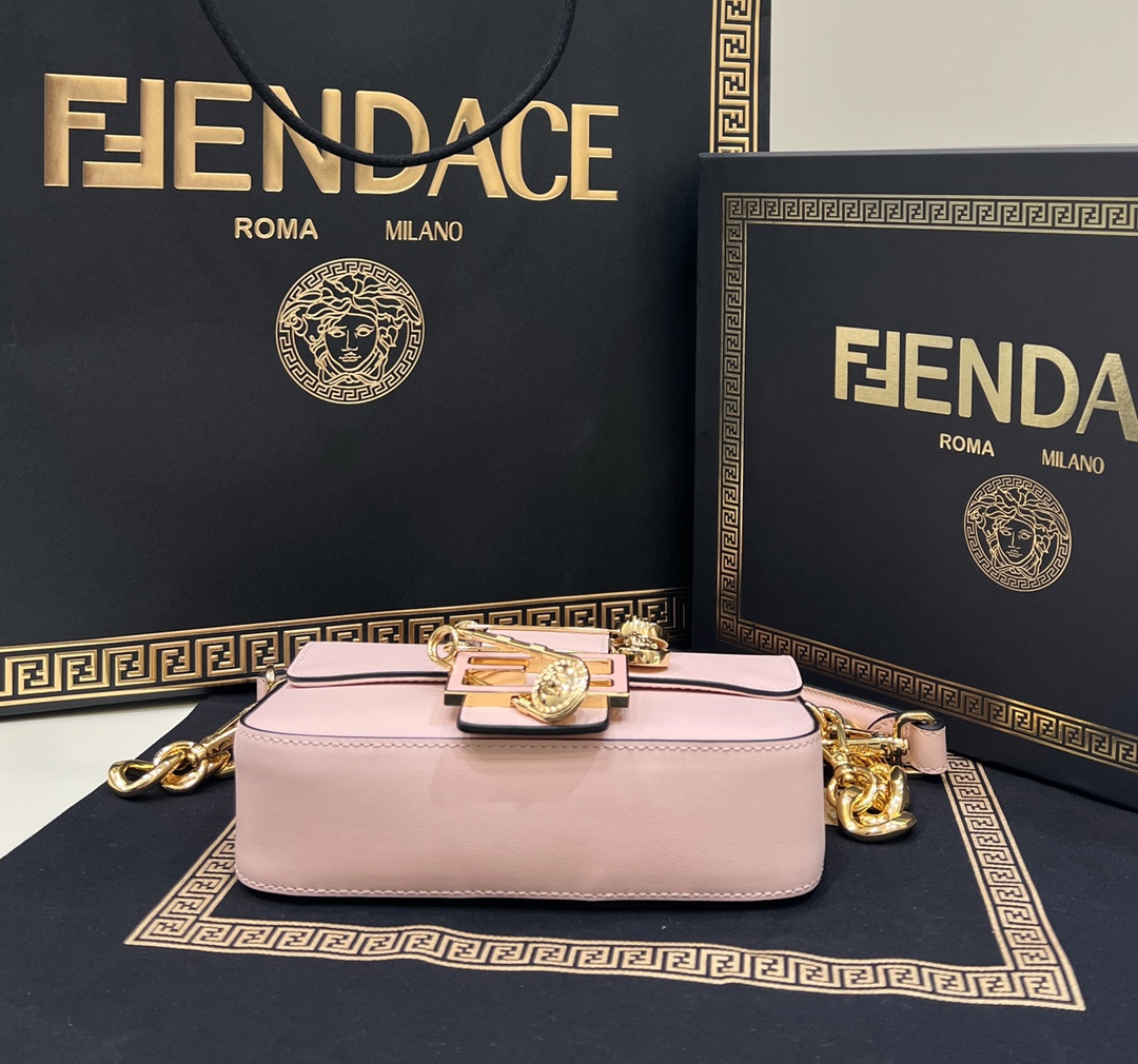 Fendi Baguette Brooch Fendace Pink Leather Bag With Double Straps