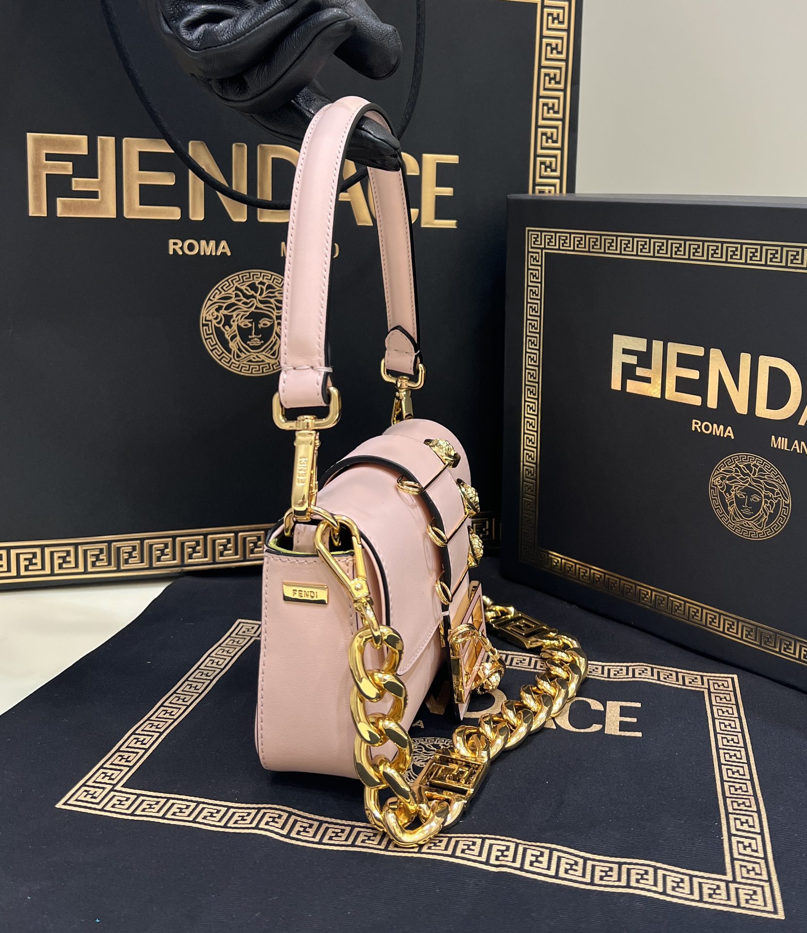 Fendi Baguette Brooch Fendace Pink Leather Bag With Double Straps