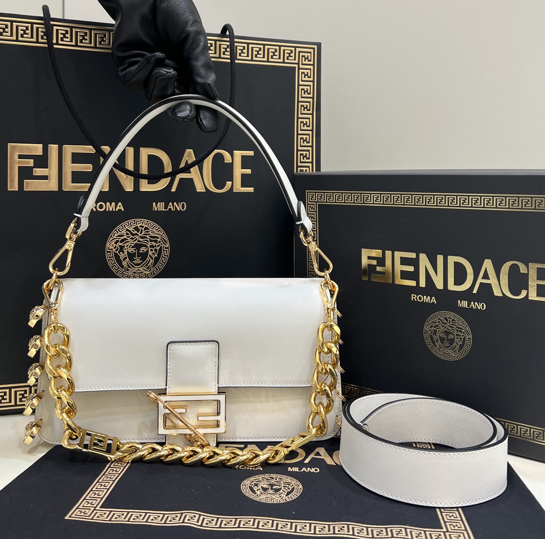 Fendi Baguette Brooch Fendace White Leather Bag With Double Straps