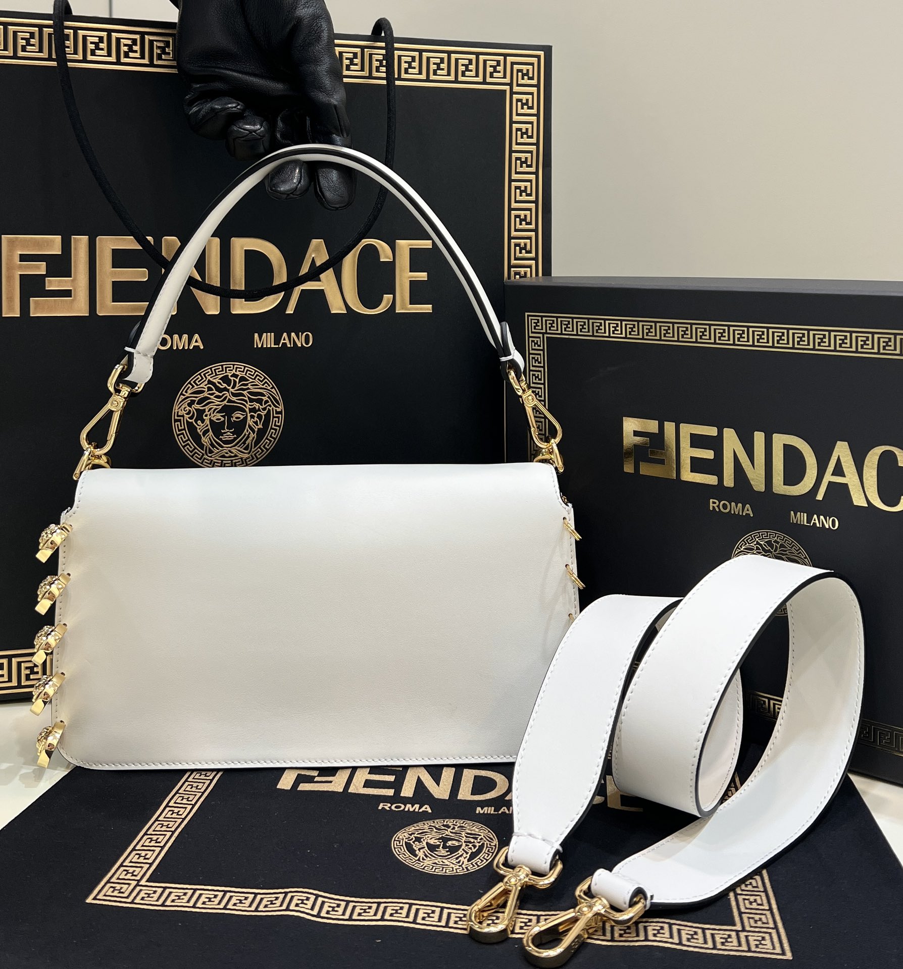 Fendi Baguette Brooch Fendace White Leather Bag With Double Straps