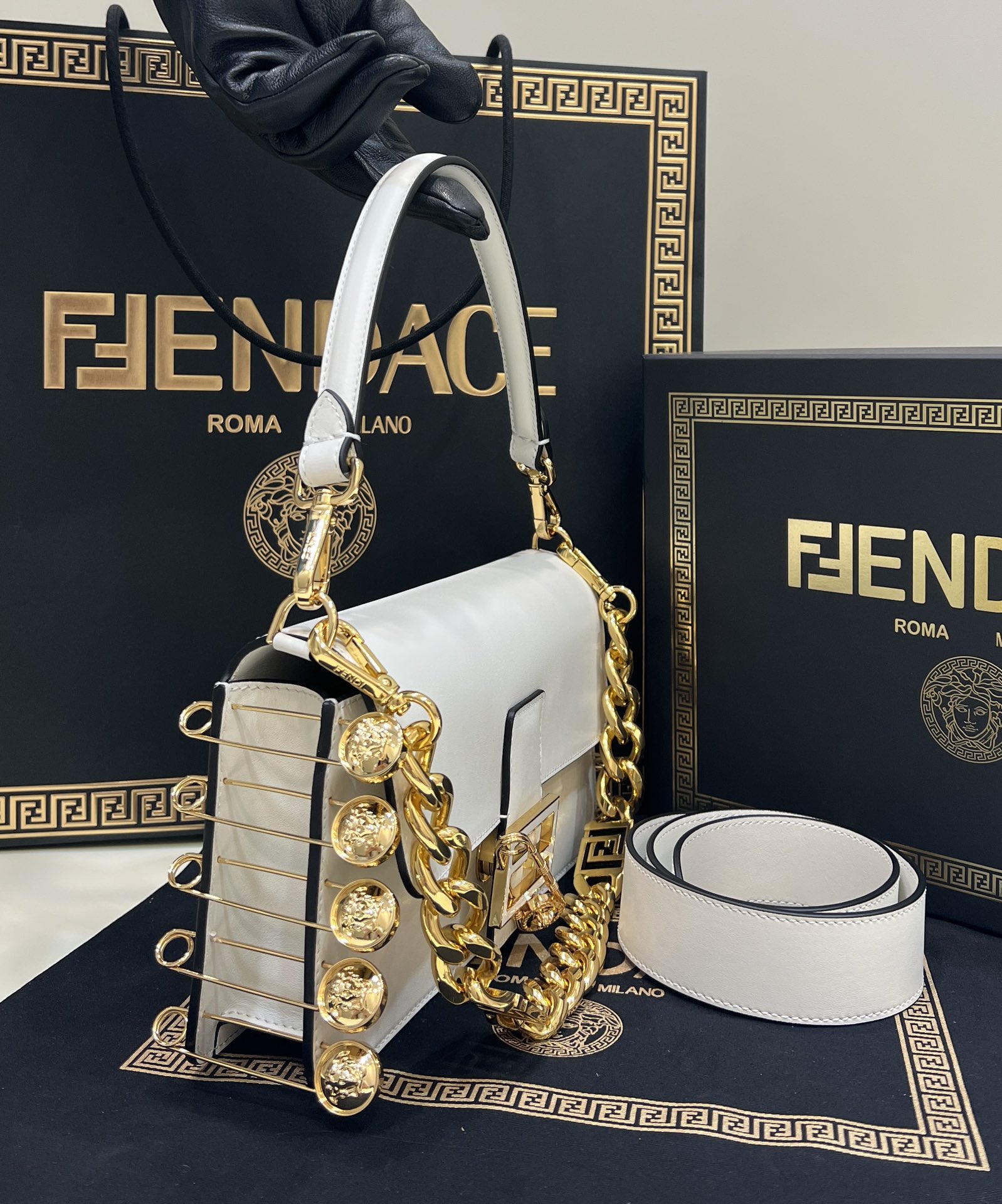 Fendi Baguette Brooch Fendace White Leather Bag With Double Straps