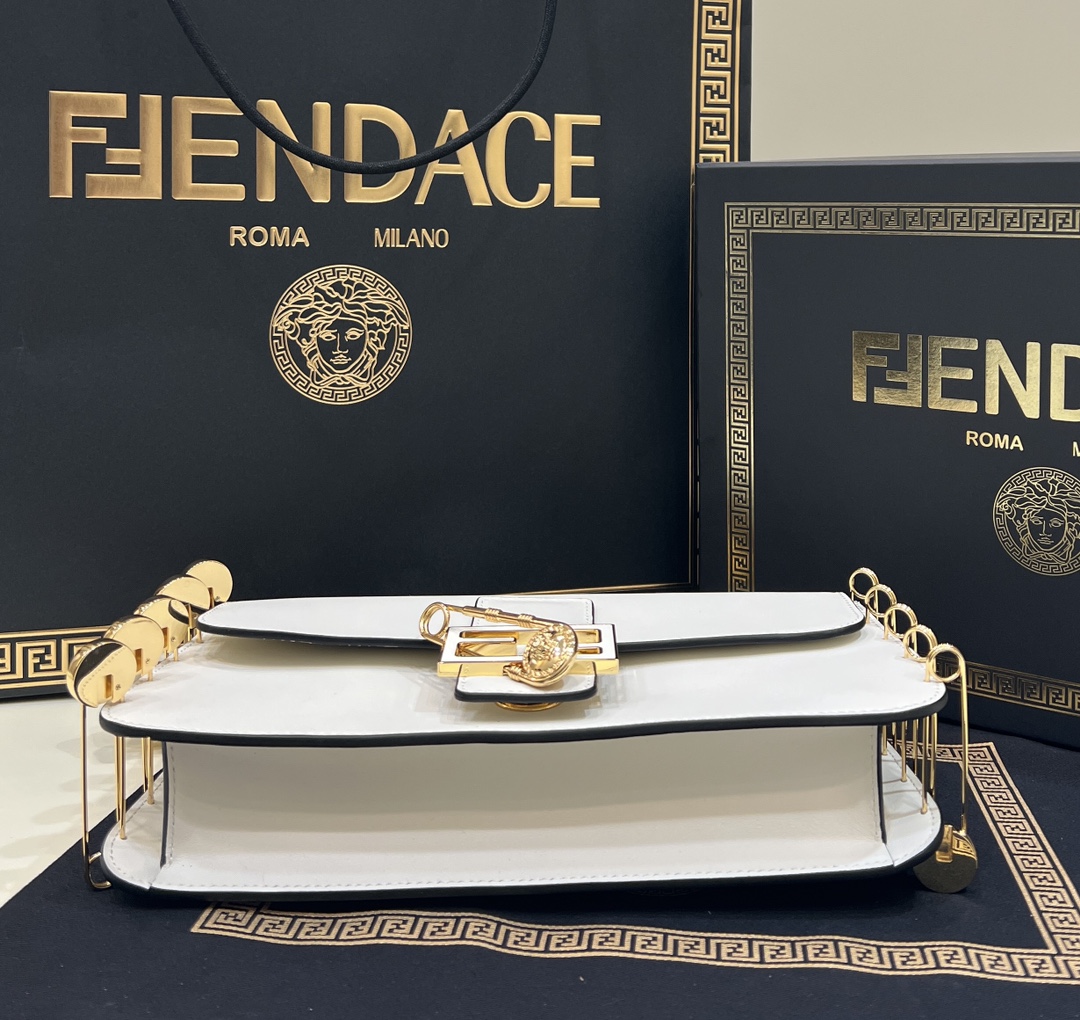 Fendi Baguette Brooch Fendace White Leather Bag With Double Straps