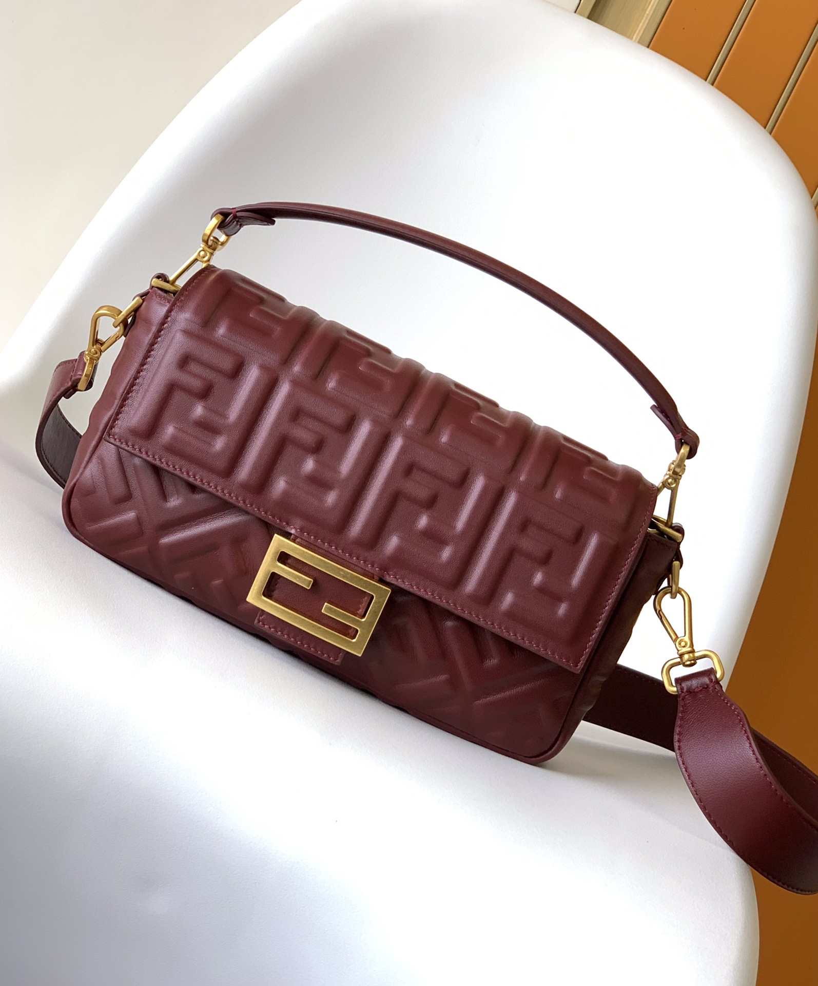 Fendi Baguette Nappa Leather Bag in Dark Red