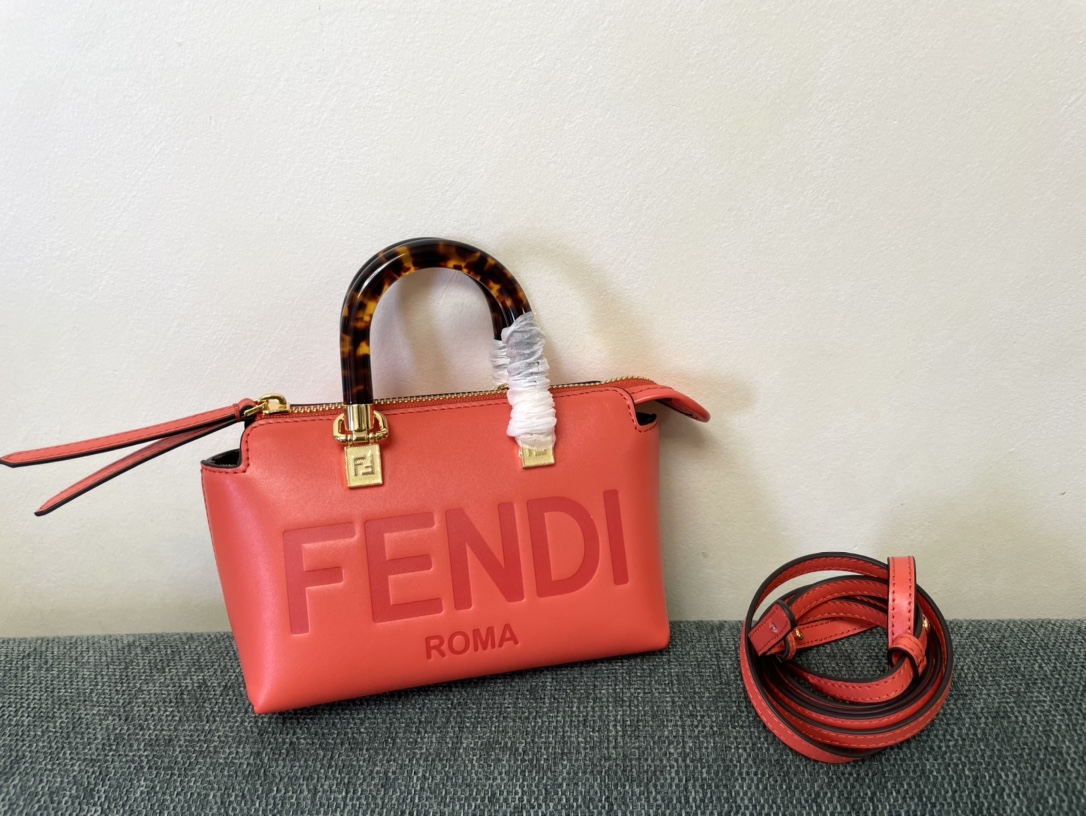 Fendi By The Way Mini Small Boston Bag in Light Red Leather 