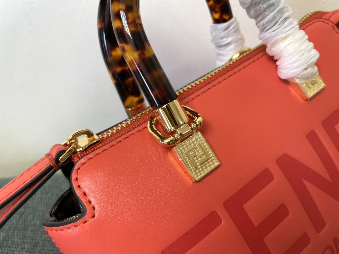 Fendi By The Way Mini Small Boston Bag in Light Red Leather 