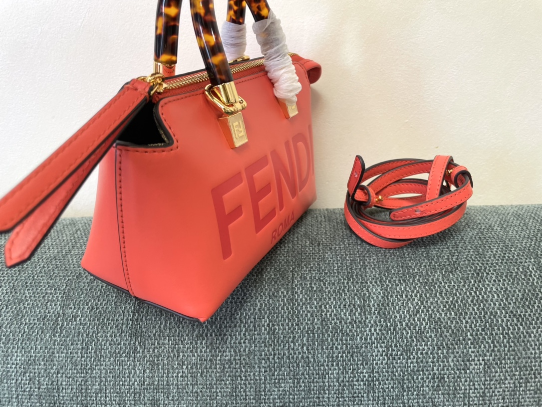 Fendi By The Way Mini Small Boston Bag in Light Red Leather 