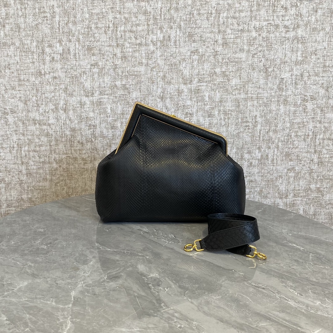 Fendi First Medium Black Bag with Snake Embossed Leather