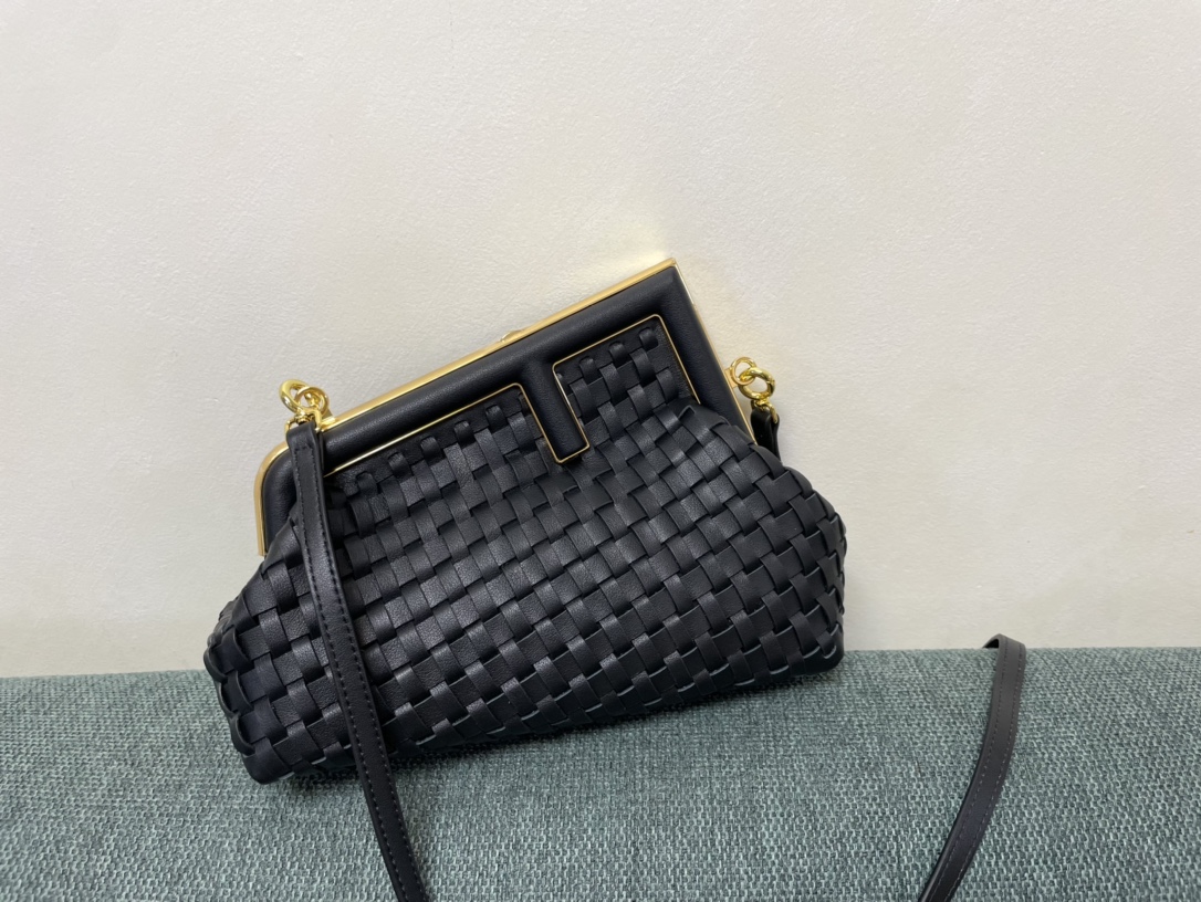 Fendi First Small Interlaced Leather Bag Black