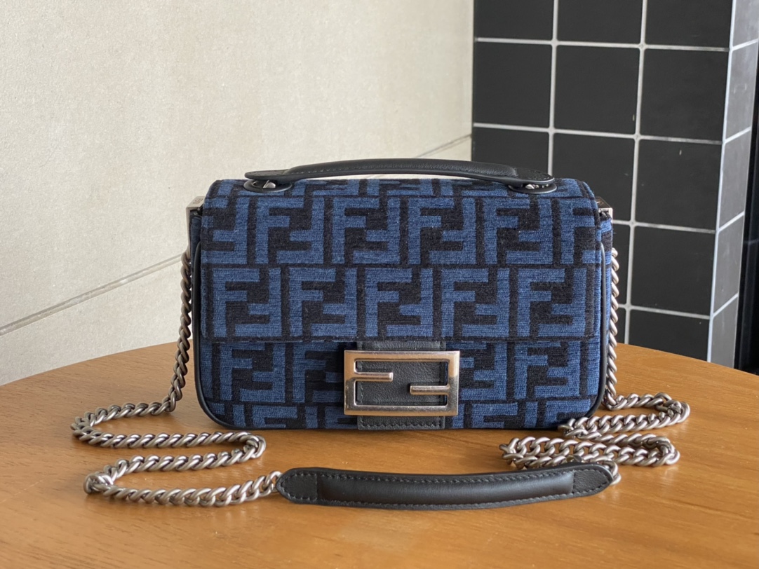 Fendi Iconic Medium Baguette Bag Blue Jacquard FF Fabric Bag