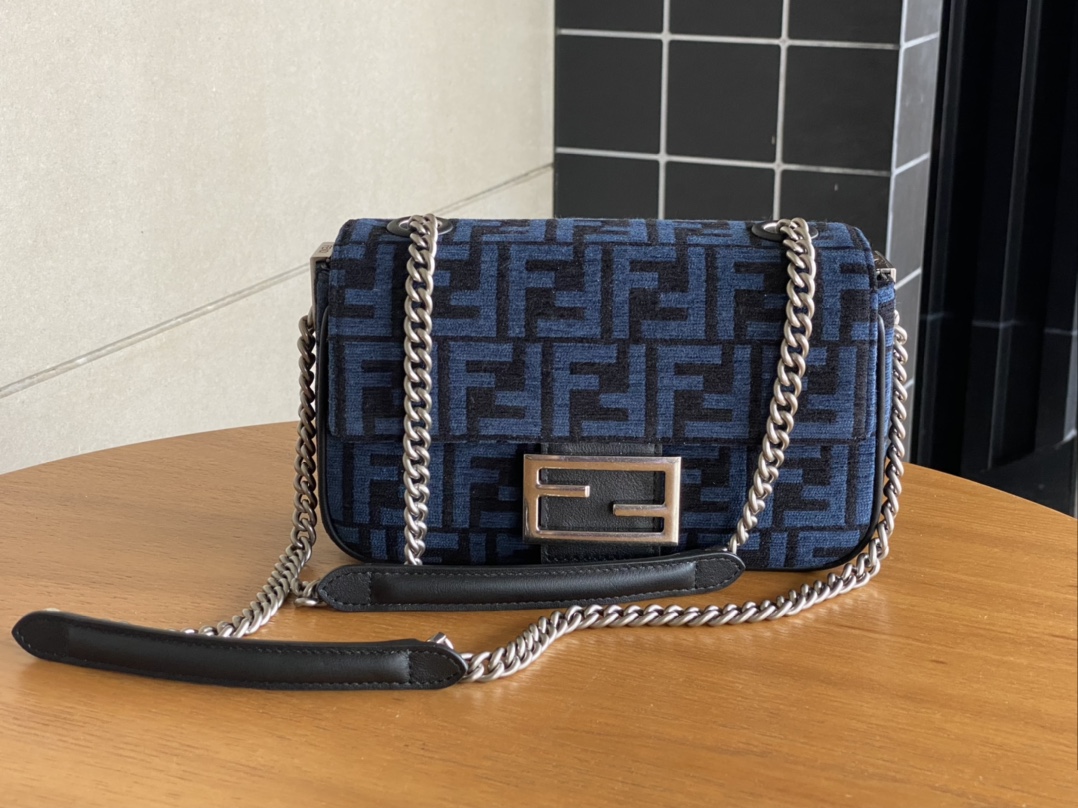 Fendi Iconic Medium Baguette Bag Blue Jacquard FF Fabric Bag