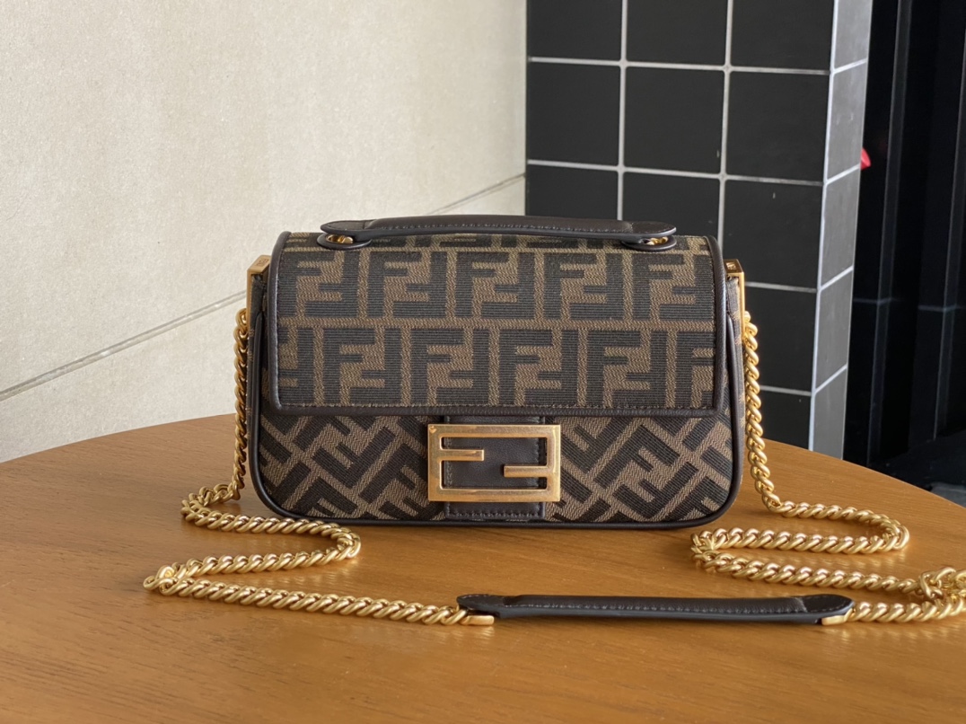 Fendi Iconic Medium Baguette Bag Brown Jacquard FF Fabric Bag