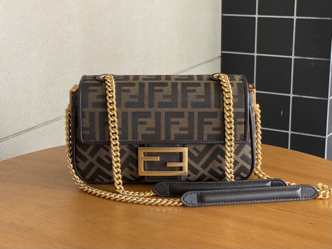 Fendi Iconic Medium Baguette Bag Brown Jacquard FF Fabric Bag