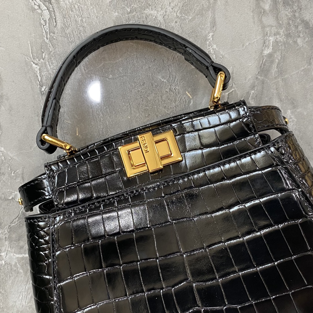 Fendi Mini Peekaboo Bag Crocodile-Embossed Leather With Chain Black