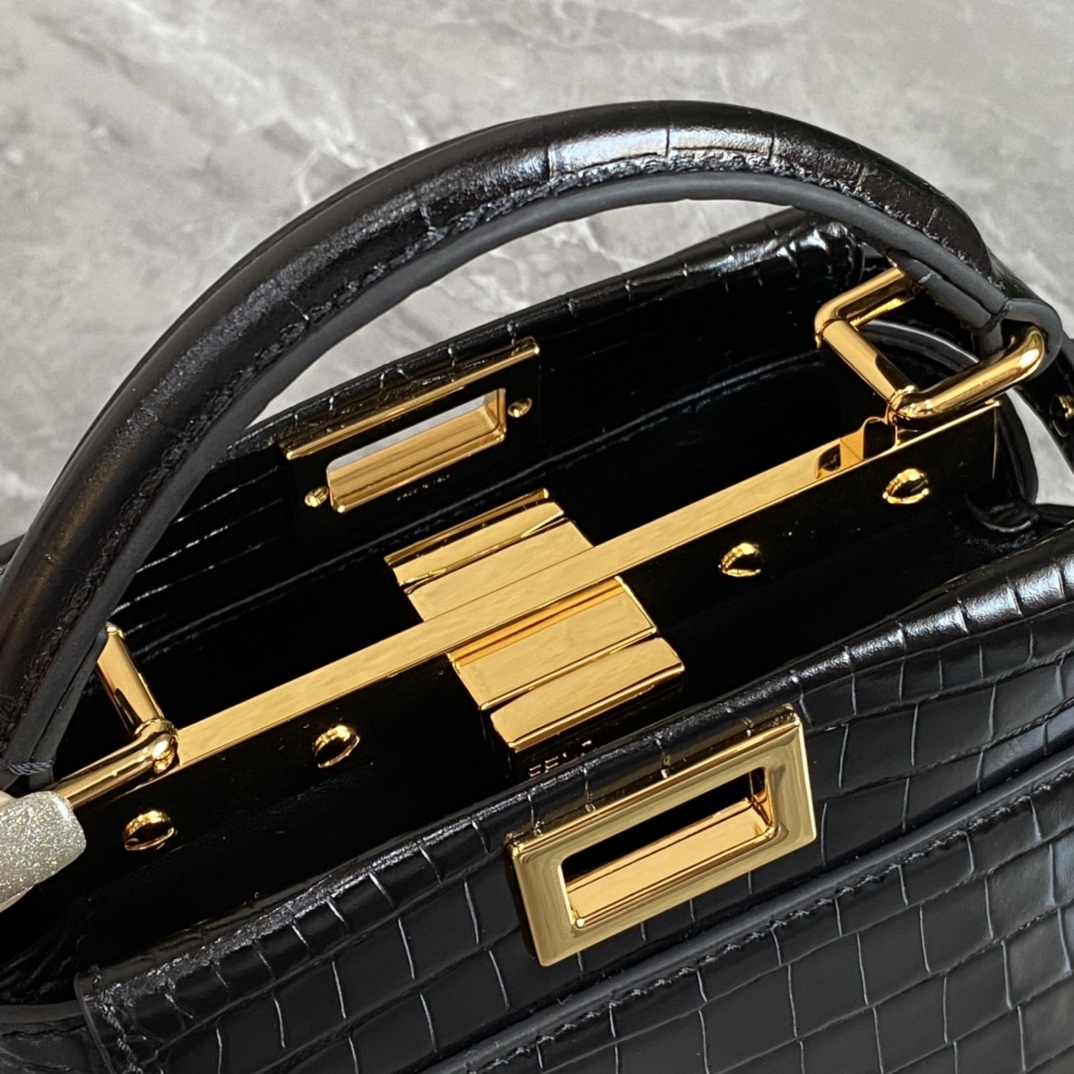 Fendi Mini Peekaboo Bag Crocodile-Embossed Leather With Chain Black