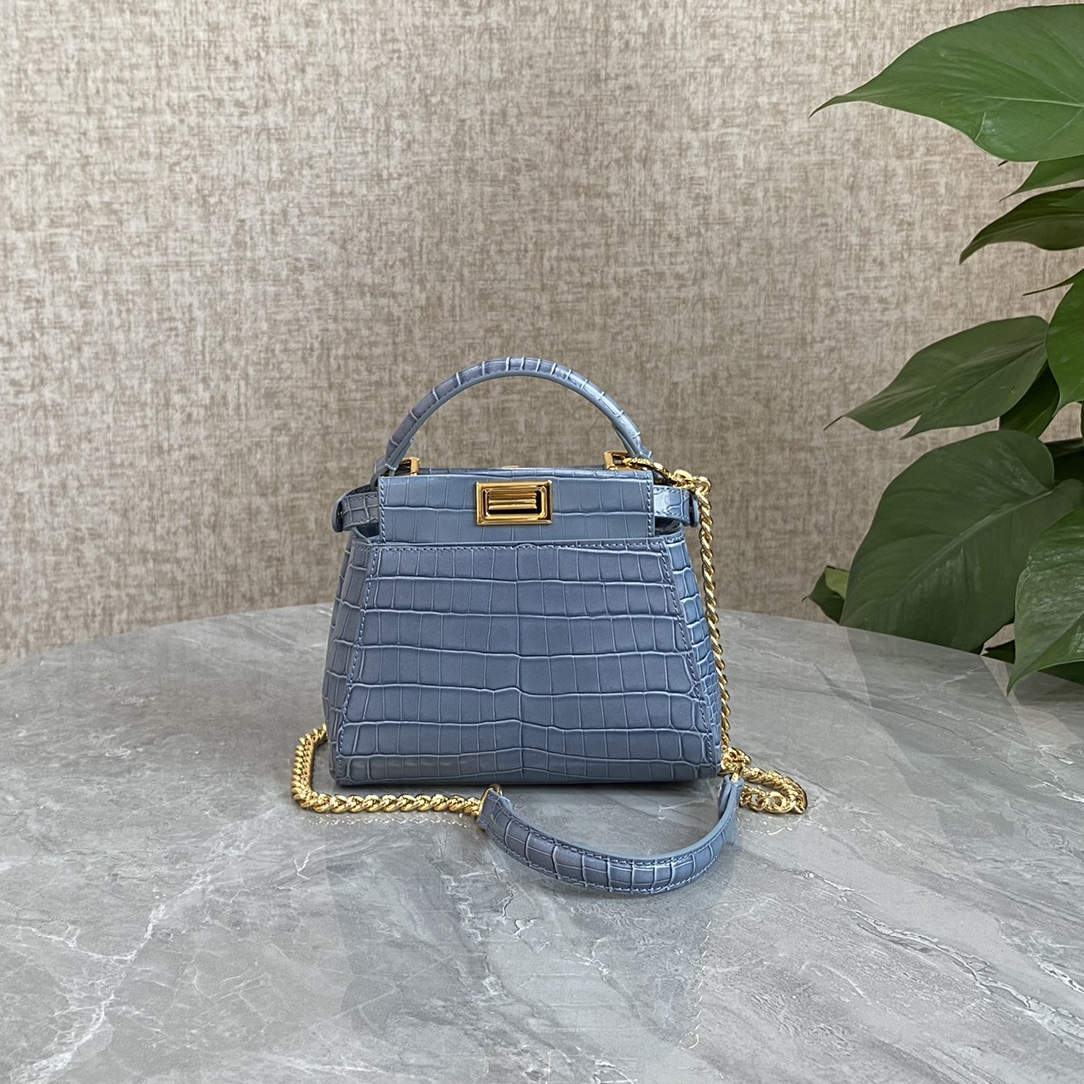 Fendi Mini Peekaboo Bag Crocodile-Embossed Leather With Chain Blue