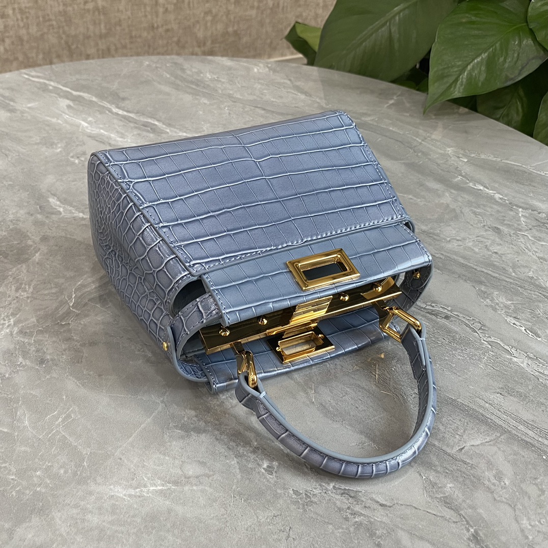 Fendi Mini Peekaboo Bag Crocodile-Embossed Leather With Chain Blue