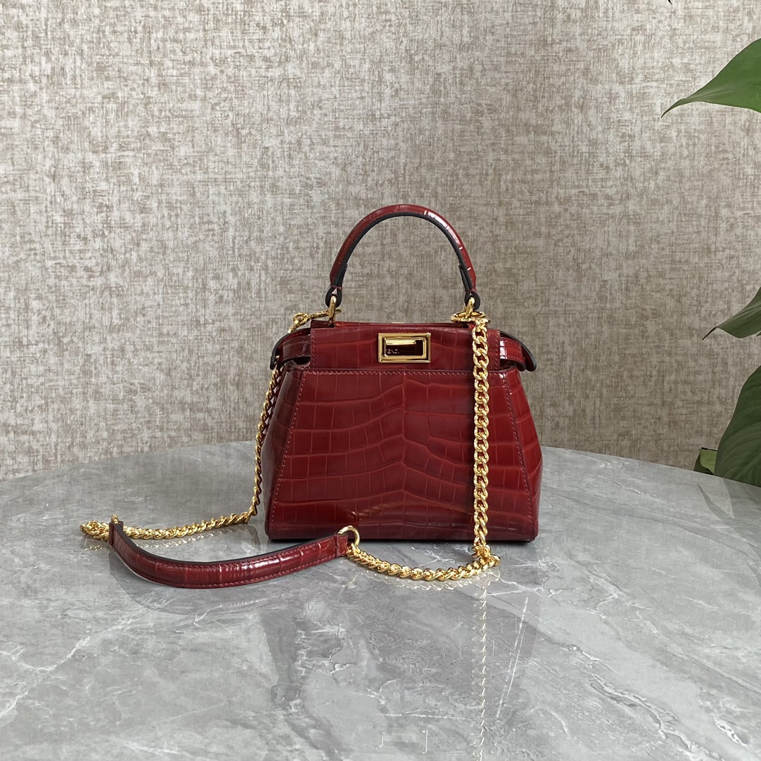 Fendi Mini Peekaboo Bag Crocodile-Embossed Leather With Chain Dark Red