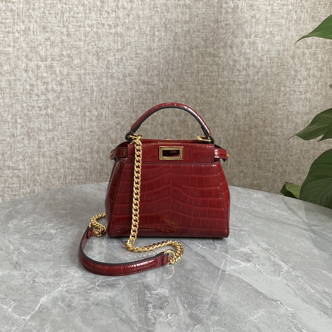 Fendi Mini Peekaboo Bag Crocodile-Embossed Leather With Chain Dark Red