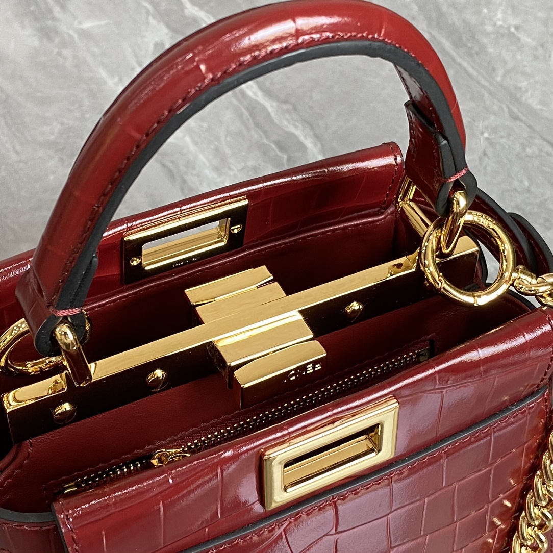 Fendi Mini Peekaboo Bag Crocodile-Embossed Leather With Chain Dark Red