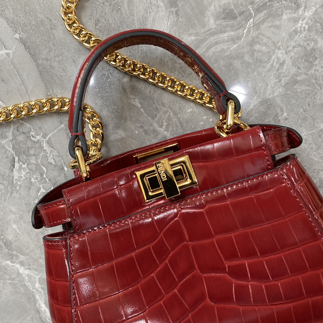 Fendi Mini Peekaboo Bag Crocodile-Embossed Leather With Chain Dark Red