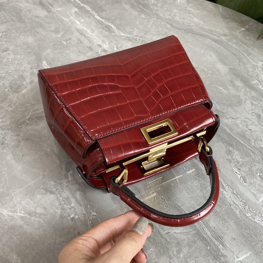 Fendi Mini Peekaboo Bag Crocodile-Embossed Leather With Chain Dark Red