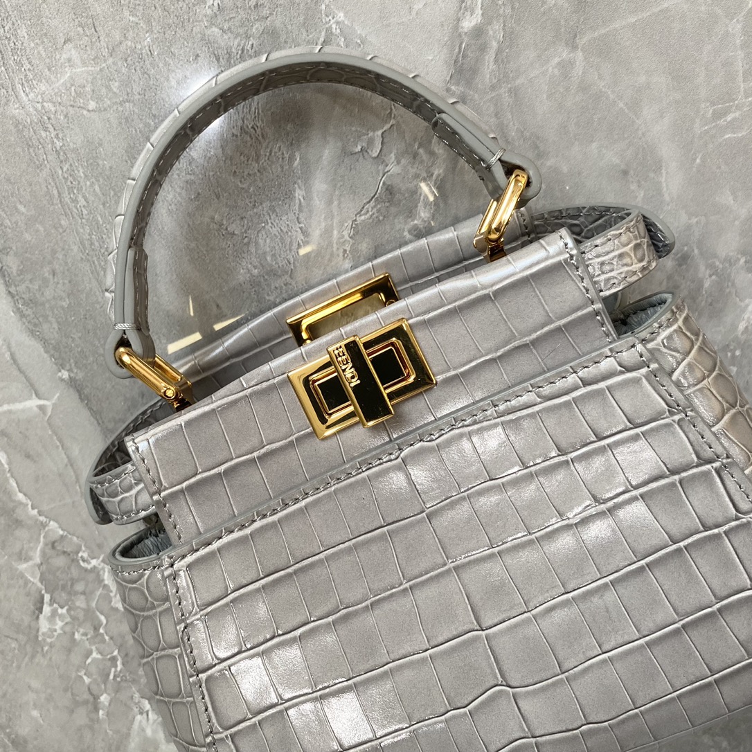 Fendi Mini Peekaboo Bag Crocodile-Embossed Leather With Chain Gray