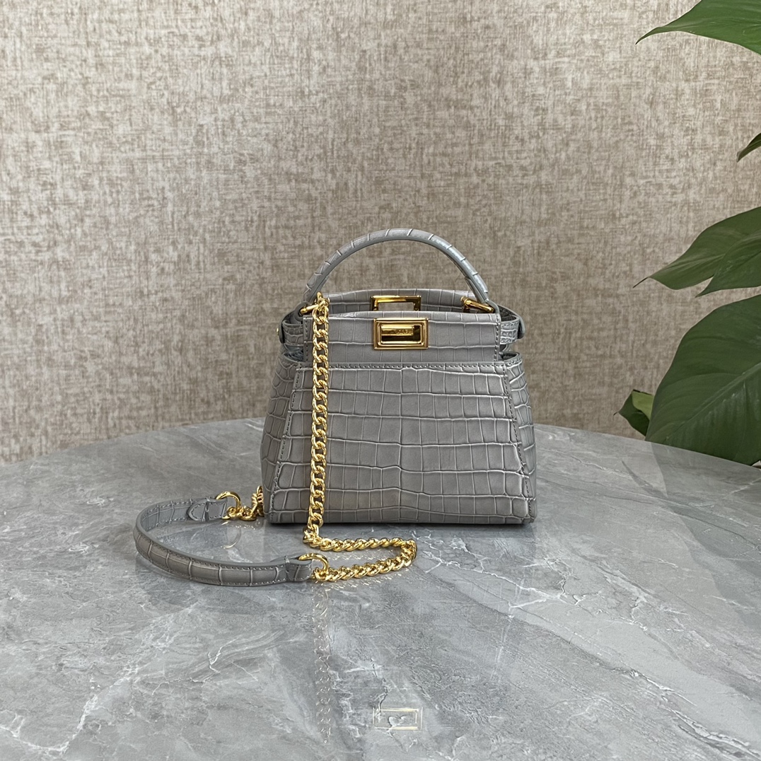 Fendi Mini Peekaboo Bag Crocodile-Embossed Leather With Chain Gray