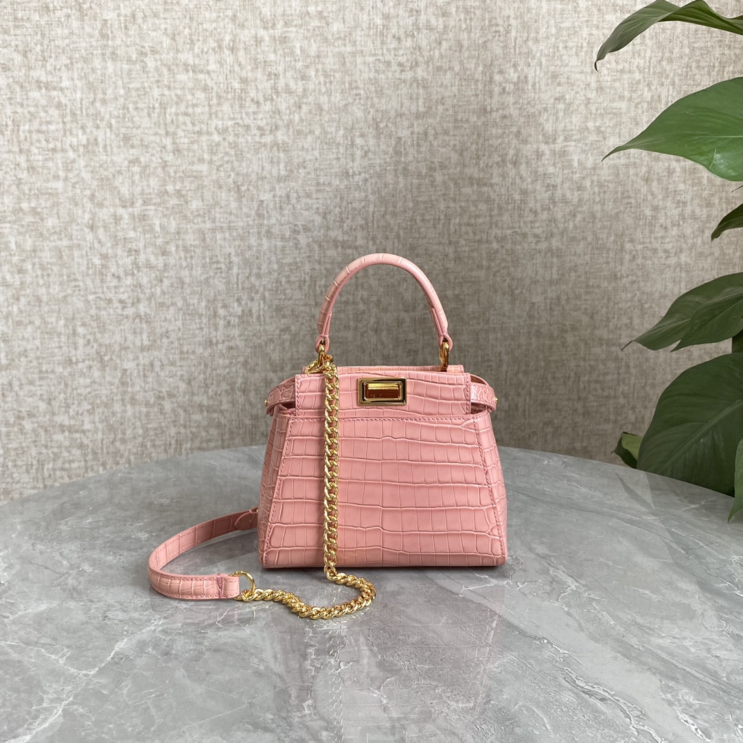 Fendi Mini Peekaboo Bag Crocodile-Embossed Leather With Chain Pink-1