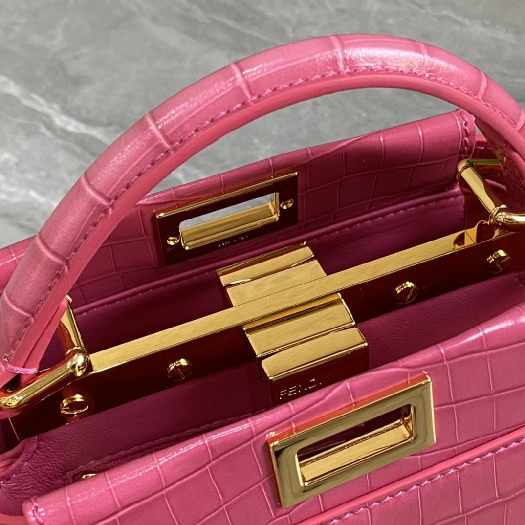 Fendi Mini Peekaboo Bag Crocodile-Embossed Leather With Chain Pink