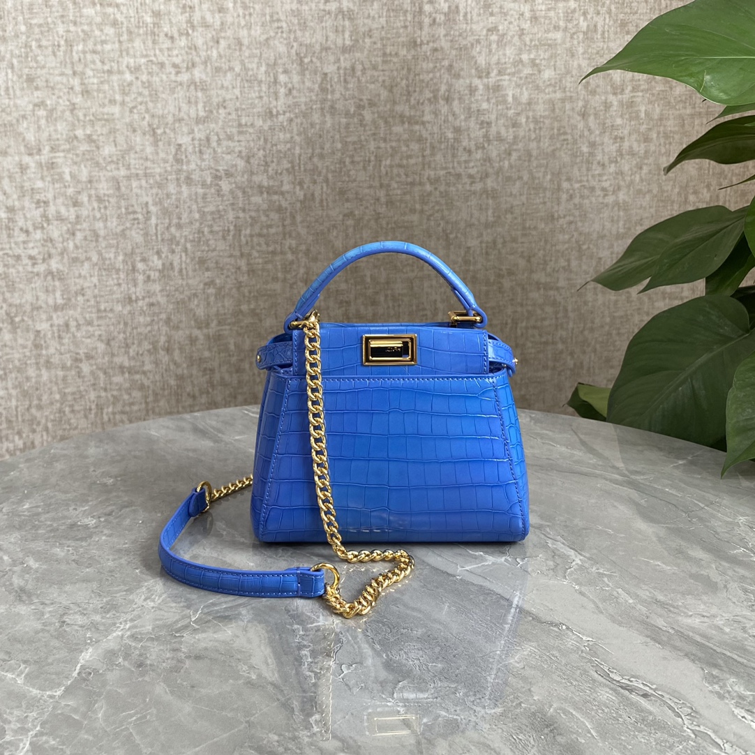 Fendi Mini Peekaboo Bag Crocodile-Embossed Leather With Chain lLight Blue