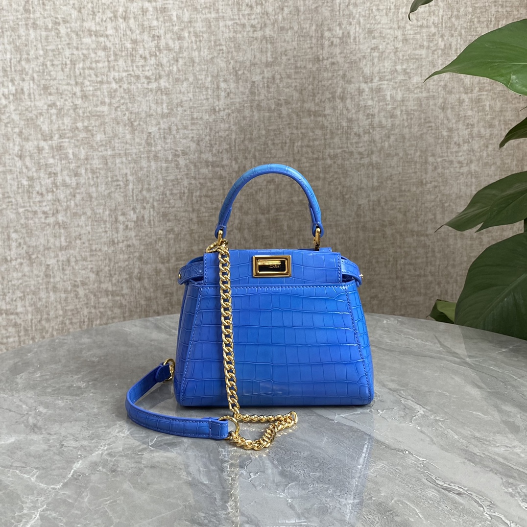 Fendi Mini Peekaboo Bag Crocodile-Embossed Leather With Chain lLight Blue