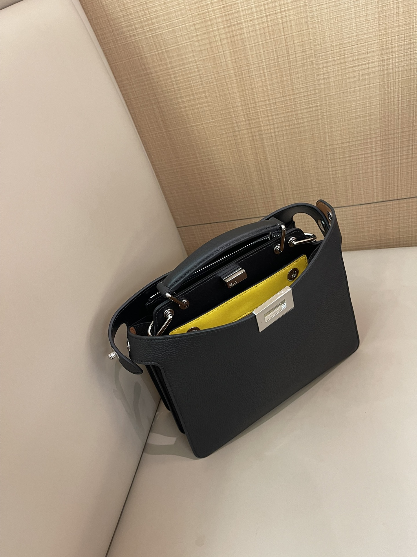 Fendi Peekaboo ISeeU Mini Black Leather Bag with yellow small bag