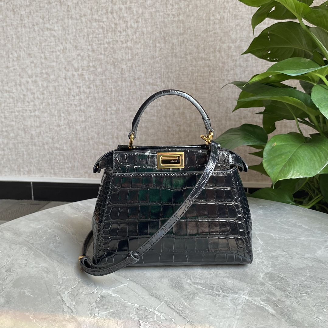 Fendi Small Peekaboo Bag Crocodile-Embossed Leather With Chain Black